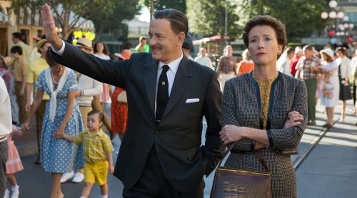 Tom Hanks and Emma Thompson as Walt Disney and P.L. Travers in Disneyland.